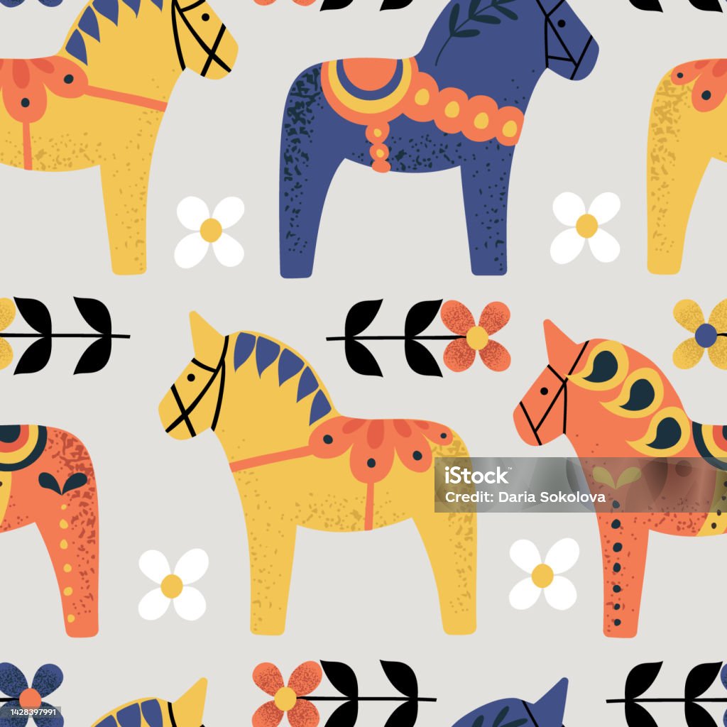 Seamless pattern with Swedish Dala horses - Royaltyfri Häst vektorgrafik Seamless pattern with Swedish Dala horses - Royaltyfri Häst vektorgrafik