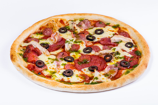 Pizza with cheese, olives, pepperoni sausage, bacon and chicken on a white background