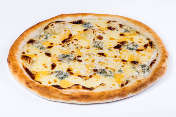 istock Pizza with four types of cheese Bergader Blue, Parmesan, Mozzarella, Cheddar on a white background 1428398168