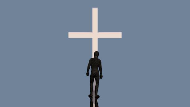 istock The man bows to the cross. Prayer. 3D render 1428399151