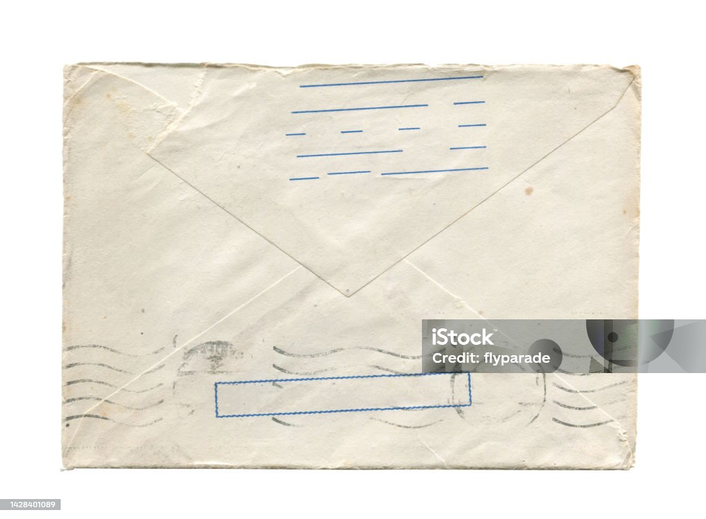 old vintage aged closed paper envelope isolated on white front view closeup of blank old aged vintage closed letter paper postage envelope with torn edges faded stamp print and wrinkled grunge texture isolated on white background Envelope Stock Photo