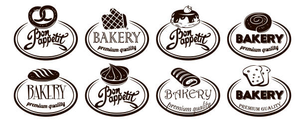 ilustrações de stock, clip art, desenhos animados e ícones de baking concept in flat style. sweet pastry flat logos of bakery and bake shop on isolated white background. stylish graphic icons for online order, web page, app design and printing. - bakery baking store food