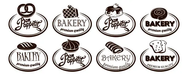 Vector illustration of Baking concept in flat style. Sweet pastry flat logos of bakery and bake shop on isolated white background. Stylish graphic icons for online order, web page, app design and printing.