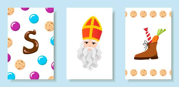 stockillustraties, clipart, cartoons en iconen met color vector illustration. a set of cute postcards for celebrating the traditional holiday of st. nicholas day, sinterklaas. - pepernoten