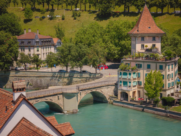 travel to Bern, Switzerland in summer. View of the river Aare. The old part of Bern is recognized as a UNESCO World Heritage Site