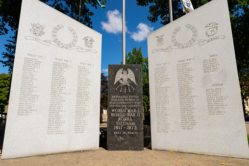 Ottawa, Illinois - United States - September 26th, 2022: The Ottawa Veterans Memorial in Washington Square Park, Ottawa, Illinois.