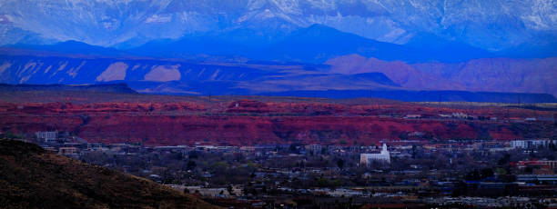 istock St. George Utah Valley with Mormon LDS Temple Red Cliffs and Snow Covered Mountains 1428414936