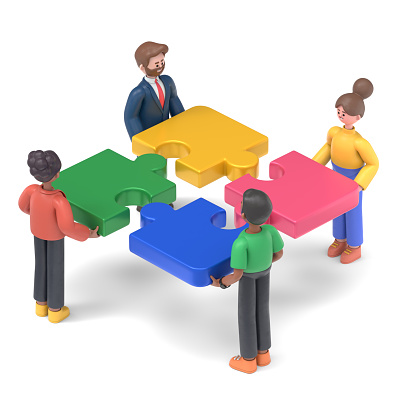 3D illustration of people team assemble four color piece of a puzzle.3D rendering on white background.