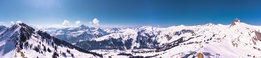 Aerial top view over Damuels skiing area