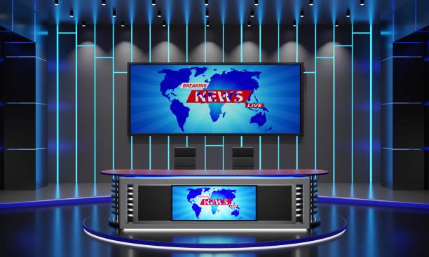 istock wood table and lcd background in the news studio room.3d rendering. 1428417232