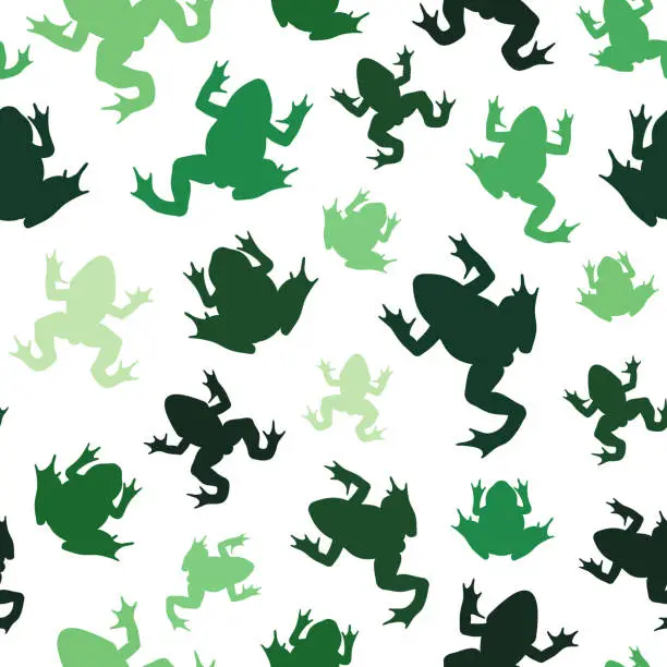 Vector illustration of Seamless pattern with green silhouettes of river frogs. Colored vector background.
