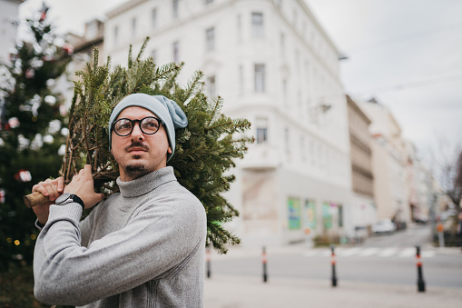 A man carries a Christmas tree through town