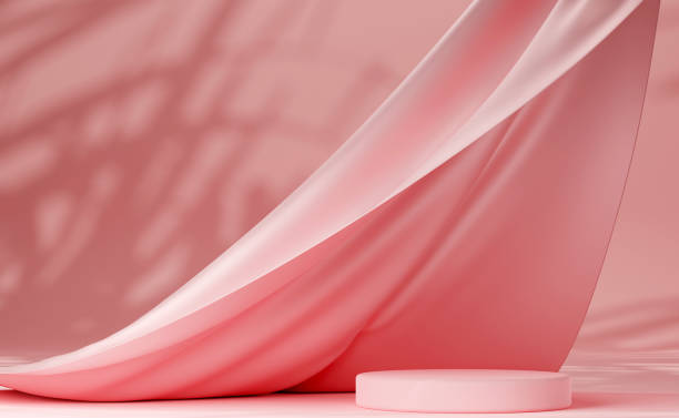 istock Pink pastel podium with pink flying fabric, cloth background 1428422026
