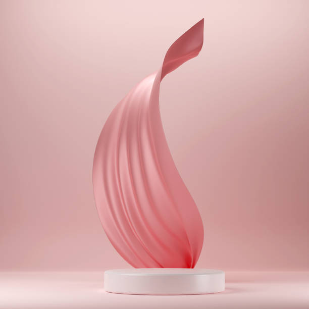 istock Pink pastel podium with pink flying fabric, cloth background 1428422030