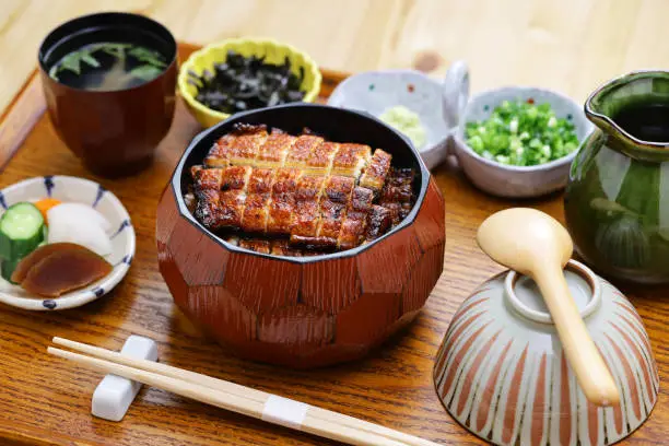 Hitsumabushi is a Japanese Nagoya rice dish decorated with grilled Unagi eel at the top. The eel is served in smaller pieces that allows it to be enjoyed with simply plain rice, or accompanying condiments and an original soup stock or hot tea.