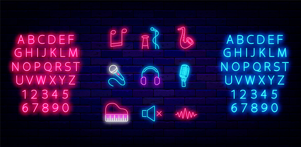 Music neon icons collection. Luminous pink and blue alphabet. Stand up symbol. Piano, microphone and volume item. Musical school or store logotype. Night club badge. Vector stock illustration
