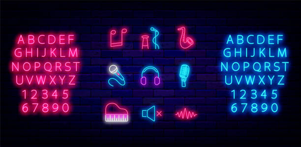Music neon icons collection. Luminous pink and blue alphabet. Stand up symbol. Vector stock illustration Music neon icons collection. Luminous pink and blue alphabet. Stand up symbol. Piano, microphone and volume item. Musical school or store logotype. Night club badge. Vector stock illustration neon music notes stock illustrations