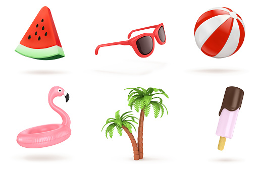 Set of toy watermelons, glasses, inflatable ball and circle, palm trees, ice cream on a white background. Vector illustration