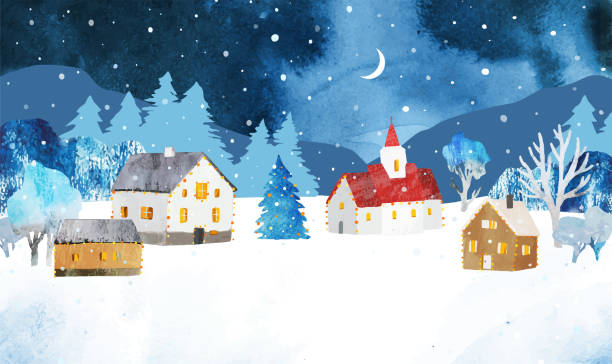 ilustraciones, imágenes clip art, dibujos animados e iconos de stock de acuarela ilustración vectorial navideña. paisaje rural invernal con casas acogedoras, árbol de navidad, iglesia bajo cielo nocturno con luna y nieve. plantilla para invitación, postal, banner, póster - holiday postcard