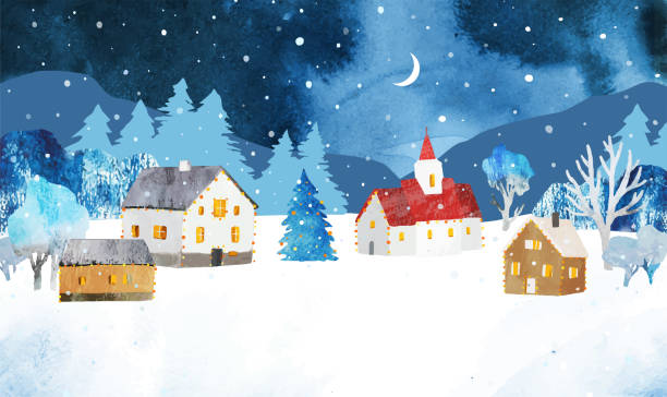 акварельная рождественская векторная иллюстрация. зимний сельский пейзаж с уютными домиками, елкой, церковью под ноч�ным небом с луной и сн� - village church stock illustrations