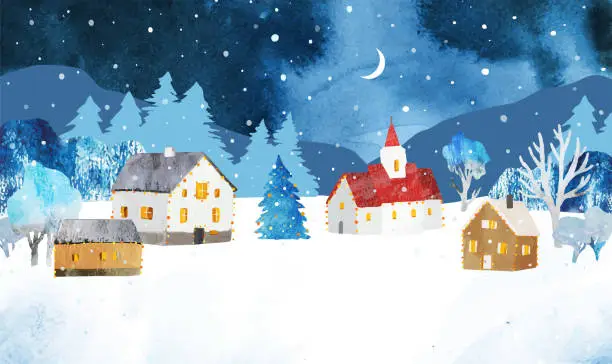 Vector illustration of Watercolor Christmas vector illustration. Winter rural landscape with cozy houses, Christmas tree, church under night sky with moon and snow. Template  for invitation, postcard, banner, poster