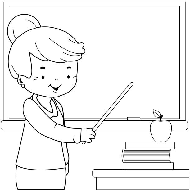 ilustrações de stock, clip art, desenhos animados e ícones de senior teacher in the school classroom. vector black and white coloring page. - apple for the teacher