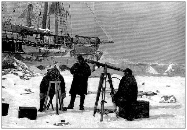 antyczna ilustracja: fridtjof nansen north pole expedition, obserwacja zaćmienia słońca, 6 kwietnia 1894 - geodezja stock illustrations