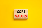 Core values symbol. Concept words Core values on wooden blocks on a beautiful yellow table yellow background. Business value and core values concept, copy space.