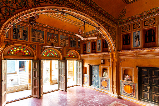 Rich decorated interior of an old haveli in Madawa, Rajasthan, India, Asia