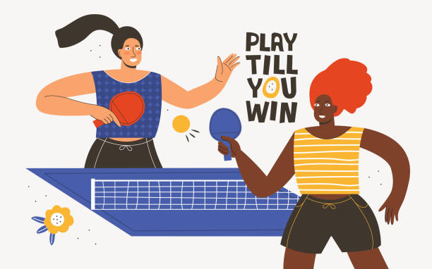 ilustrações, clipart, desenhos animados e ícones de duas atletas de diferentes cores de pele jogando ping pong. torneio de tênis de mesa. jovens mulheres ativas competem em um jogo esportivo. jogue até ganhar letras vetoriais desenhadas à mão. ideia de design de pôster - tennis court tennis ball table tennis