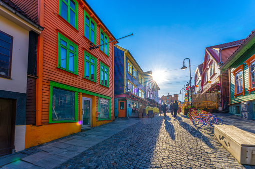 Beautiful houses in the streets of Stavanger's Old Town, Norway