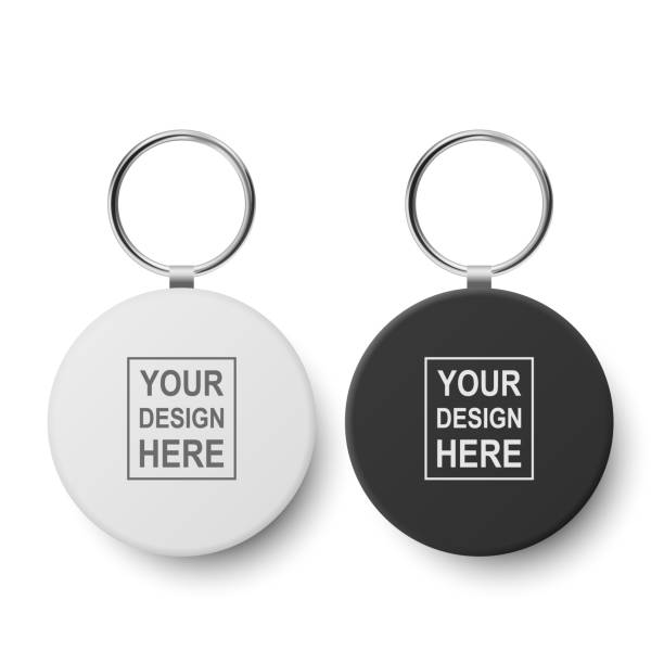 Vector 3d Realistic Blank Black, White Round Keychain with Ring and Chain for Key Isolated on White. Button Badge with Ring Set. Plastic, Metal ID Badge with Chains Key Holder, Design Template, Mockup Vector 3d Realistic Blank Black, White Round Keychain with Ring and Chain for Key Isolated on White. Button Badge with Ring Set. Plastic, Metal ID Badge with Chains Key Holder, Design Template, Mockup. keyring charm stock illustrations