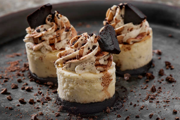 mini galletas y tarta de queso crema - indulgence chocolate cheesecake small fotografías e imágenes de stock