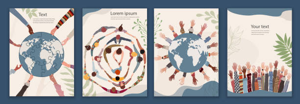 Poster template with group of people of diverse culture in a circle holding hands together and cooperating for an eco and clean environment and earth. Community. Environmental Protection vector art illustration