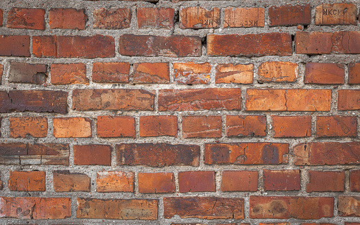 Old red brick wall grunge texture. Old seamless cracked bricks wall with a weathered surface. Brick wall background, copy space for design and text.