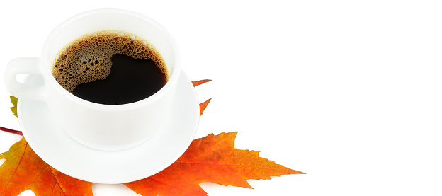 Cup of coffee and yellow maple leaf isolated on white background. Wide photo. Free space for text.