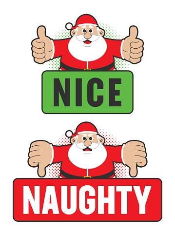 Flat design vector illustration of Santa Claus holding thumps up, and thumbs down.
Naughty or nice list Christmas stickers isolated on a white background. Santa's Christmas list.