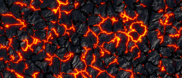 istock Realistic lava flame on black ash background. Texture of molten magma surface 1428445396