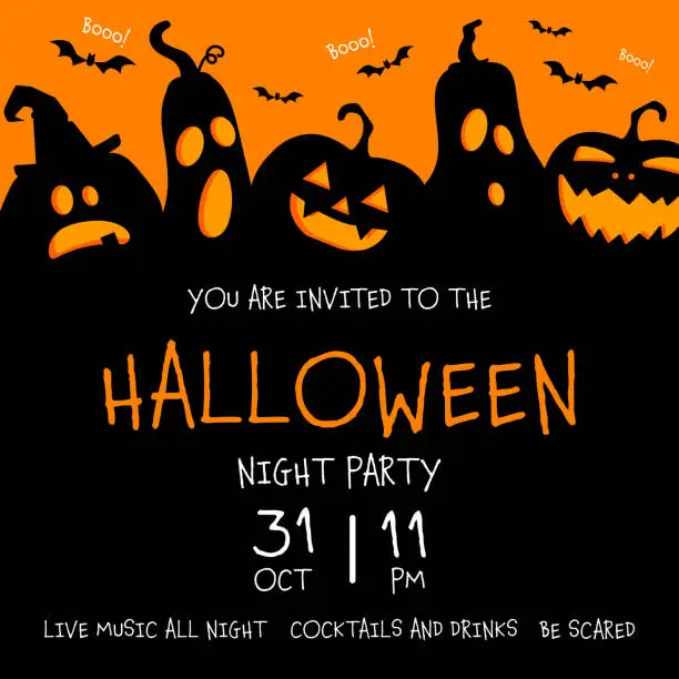 Vector illustration of Halloween October 31 night party holiday celebration poster with glowing scary faced pumpkins and black flying bats.