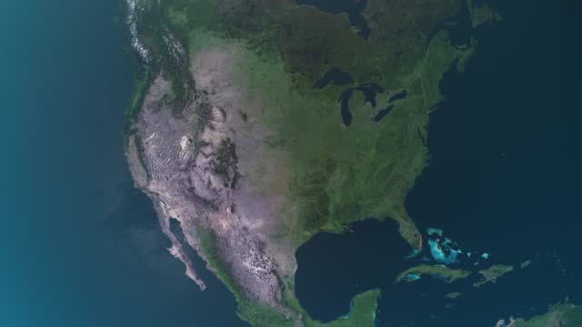 United States map, zooming in from the space through a 4K photo real animated globe, with a panoramic view consisting of Africa, West Europe and USA. Epic spinning world animation, Realistic planet earth, highlight, satellite, aerial,