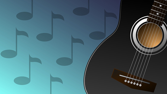 Black classic acoustic guitar on a blue background with notes