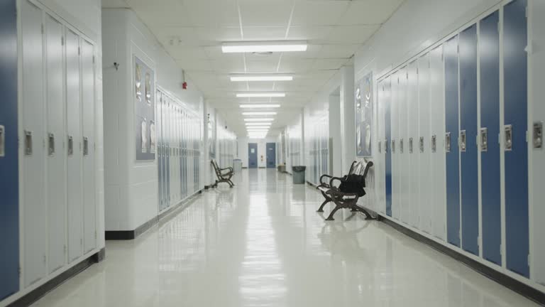 Hall of a modern school lined with student lockers