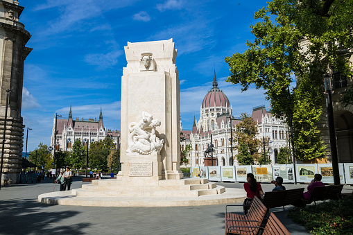 Budapest, Hungary – August, 2022:  Fountain and Memorial for victims of the German Occupation at Liberty Square