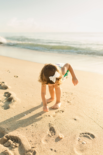 3-Year-Old Toddler Girl Wearing a Colorful Shift Dress Collecting Seashells on a Sandy Seashore in Palm Beach, Florida in September of 2022