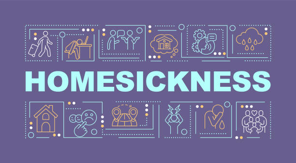 stockillustraties, clipart, cartoons en iconen met homesickness word concepts violet banner - eenzaamheid expats