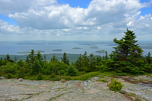 Acadia National Park. Rugged Maine coastline stretching, views from the slopes of Cadillac Mountain