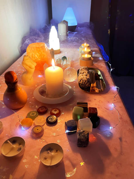 istock Background ritual healing, crystals,  stones, candles. 1428456568