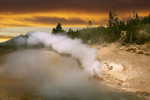 Active geysers erupting in the morning, Yellowstone National Park, USA
