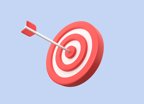 La flecha 3D golpea el centro del objetivo en un estilo minimalista. concepto de negocio o logro de objetivos. ilustración aislada sobre fondo azul. Renderizado 3D photo