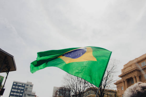 istock brazil flag flying in clear sky 1428470845